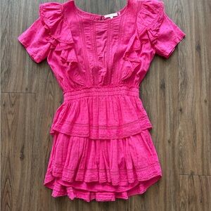 LoveShackFancy Hot Pink Ruffled Natasha Heritage Mini Dress